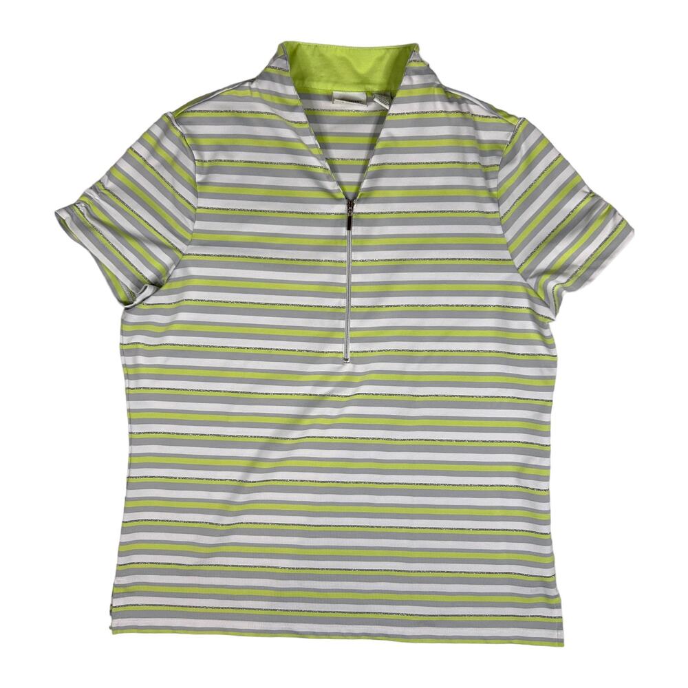 Chicos Zenergy Size 1 M Golf Polo VNeck 1/4 Zip Shirt Metallic Stripe Green Gray
